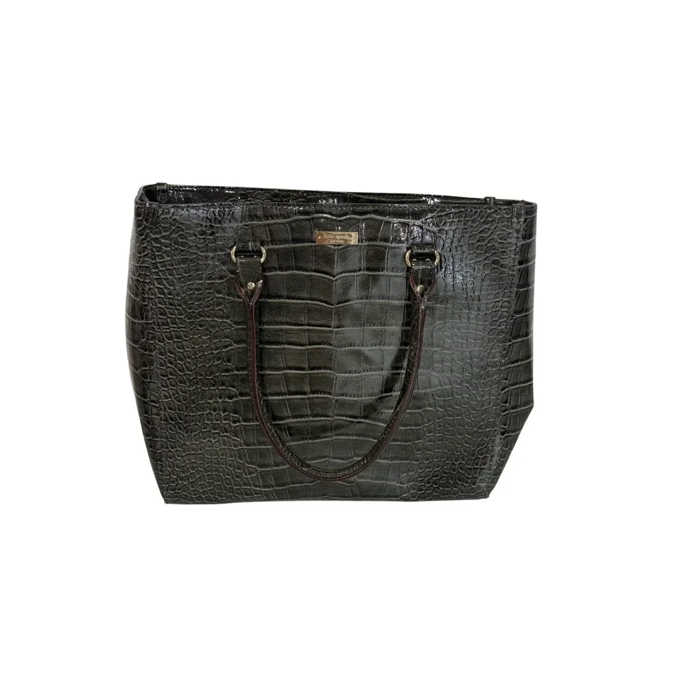 Kate Spade New York Grey Croc Embossed Patent Leather Tote Bag Shoulder Purse